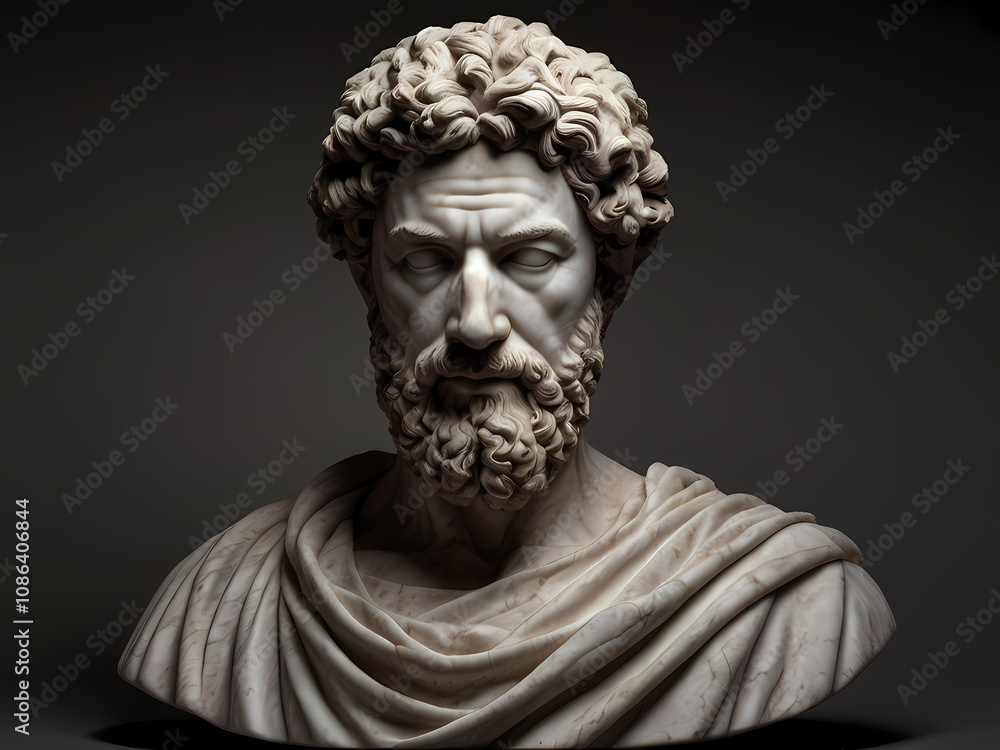 A stoic bust of Marcus Aurelius, sculpted from weathered marble with cracks and veins that hint at the passage of time, bathed in dramatic chiaroscuro lighting that accentuates A stoic bust of Marcus Aurelius, sculpted from weathered marble with cracks and veins that hint at the passage of time, bathed in dramatic chiaroscuro lighting that accentuates