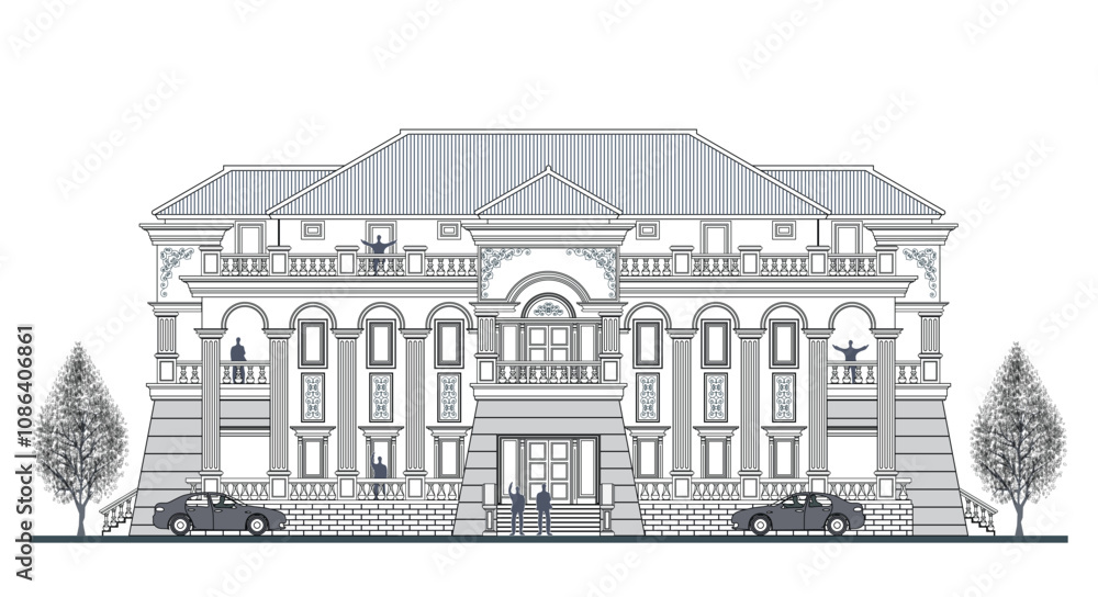 Facade of 3 storeys symmetrical modern classic house with 2 doors, 20 windows, 10 columns, frame, stair, railing, crowns, balustrade, canopy, balcony, triangular roof and curve wall elements. Facade of 3 storeys symmetrical modern classic house with 2 doors, 20 windows, 10 columns, frame, stair, railing, crowns, balustrade, canopy, balcony, triangular roof and curve wall elements.