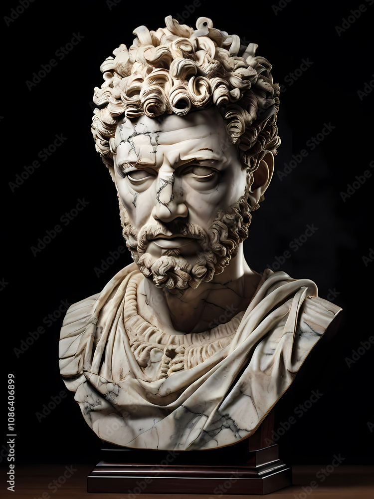 A stoic bust of Marcus Aurelius, sculpted from weathered marble with cracks and veins that hint at the passage of time, bathed in dramatic chiaroscuro lighting that accentuates A stoic bust of Marcus Aurelius, sculpted from weathered marble with cracks and veins that hint at the passage of time, bathed in dramatic chiaroscuro lighting that accentuates