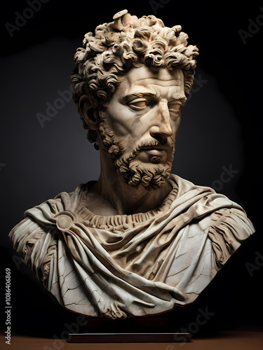 A stoic bust of Marcus Aurelius, sculpted from weathered marble with cracks and veins that hint at the passage of time, bathed in dramatic chiaroscuro lighting that accentuates