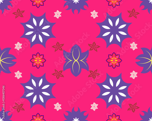 Bright floral pattern featuring purple and pink flowers on vibrant pink background, creating lively and cheerful atmosphere