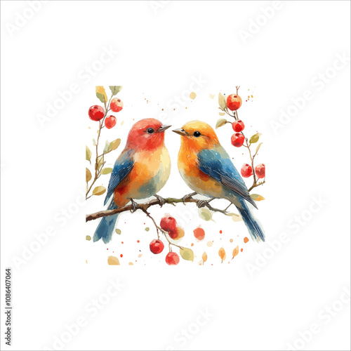 Watercolor lovebirds couple on a branch illustration. love Birds and heart watercolor vector.

