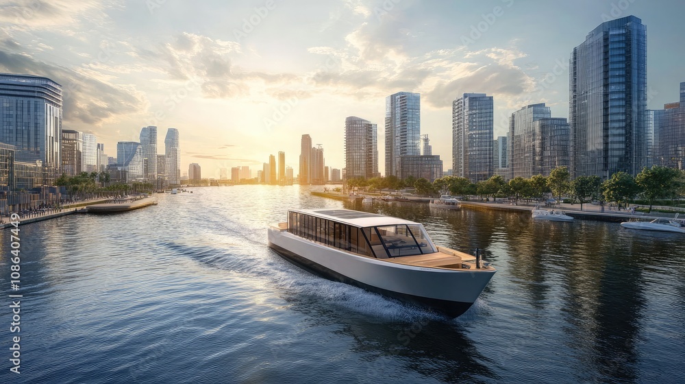 Fototapeta premium Elegant Modern Boat Sailing Through a Serene City River at Sunset with Contemporary Skyscrapers Reflecting Golden Light in the Background