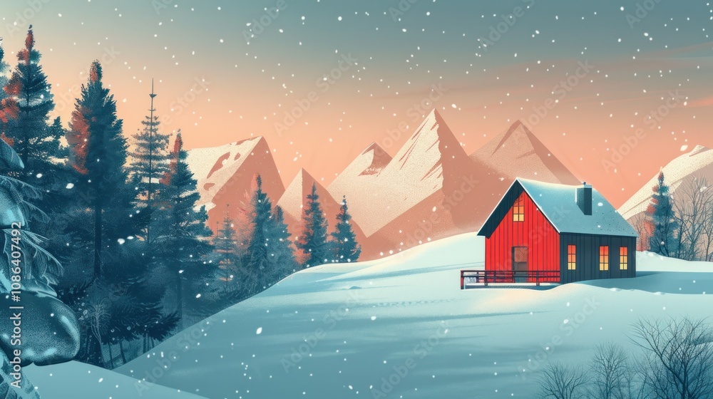 A red cabin sits on a snowy hill with a view of snow-capped mountains and pine trees in the background. A red cabin sits on a snowy hill with a view of snow-capped mountains and pine trees in the background.