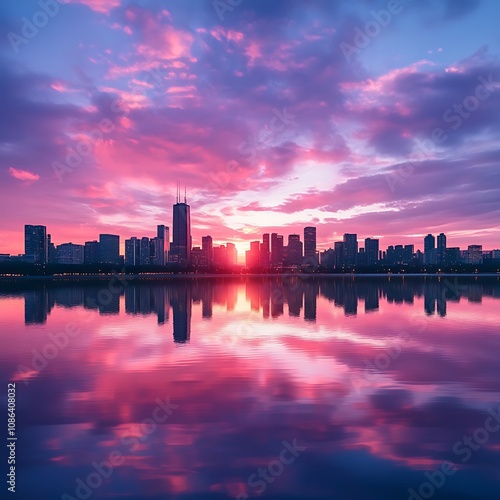 Stunning pink sunset illuminating city skyline reflecting beautifully in water picture