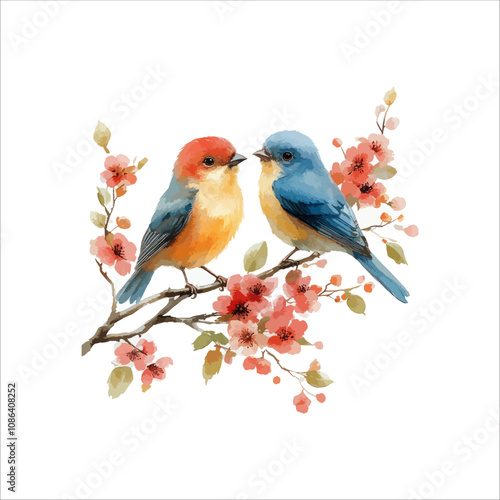 Watercolor lovebirds couple on a branch illustration. love Birds and heart watercolor vector.
