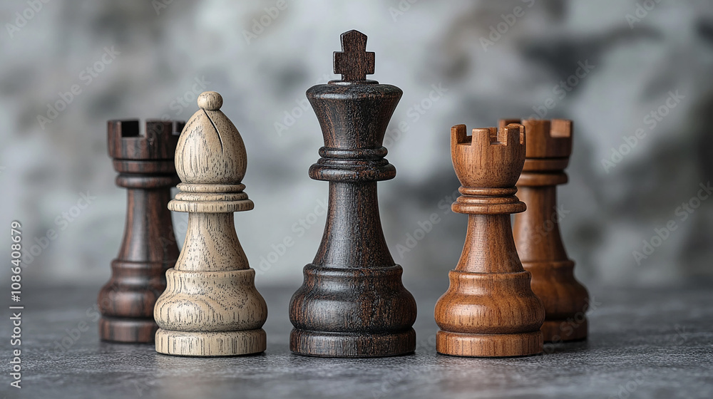 Close up of chess pieces on grey background Close up of chess pieces on grey background