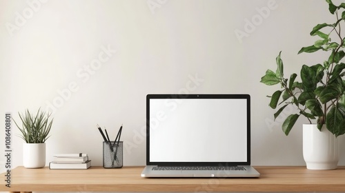 Minimalist Workspace with Laptop and Plants