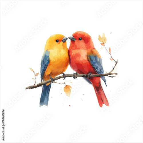Watercolor lovebirds couple on a branch illustration. love Birds and heart watercolor vector.
