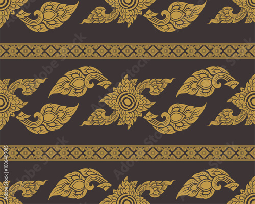 Elegant golden floral pattern on black background, featuring intricate designs and motifs. This decorative textile showcases traditional artistry and craftsmanship
