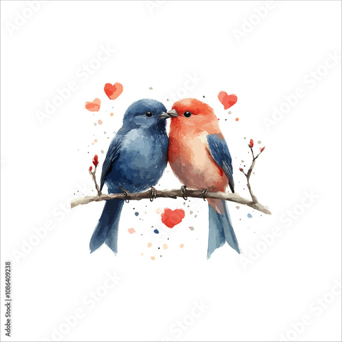 Watercolor lovebirds couple on a branch illustration. love Birds and heart watercolor vector.
