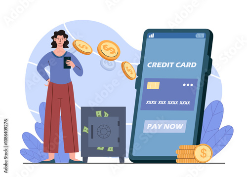 Woman with online payment. Young girl with smartphone near gold coins and bank card. Cashless transfers and transactions. Ecommerce. Flat vector illustration isolated on white background