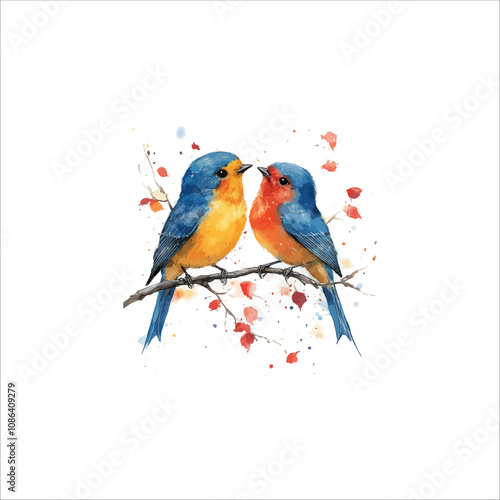 Watercolor lovebirds couple on a branch illustration. love Birds and heart watercolor vector.
