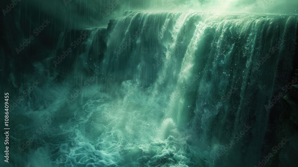A powerful waterfall cascades down a rocky cliff, creating a misty, ethereal atmosphere. The water is a vibrant turquoise, reflecting the light of the sun shining through the clouds. A powerful waterfall cascades down a rocky cliff, creating a misty, ethereal atmosphere. The water is a vibrant turquoise, reflecting the light of the sun shining through the clouds.