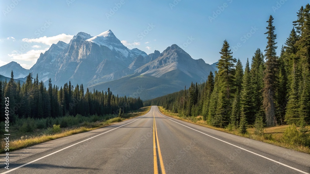 Empty stretch of asphalt road running parallel to a mountain range with a clear blue sky above and pine trees in the foreground, vast open space, natural landscape Empty stretch of asphalt road running parallel to a mountain range with a clear blue sky above and pine trees in the foreground, vast open space, natural landscape