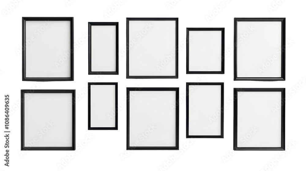 A row of black framed pictures with white borders. transparent background A row of black framed pictures with white borders. transparent background