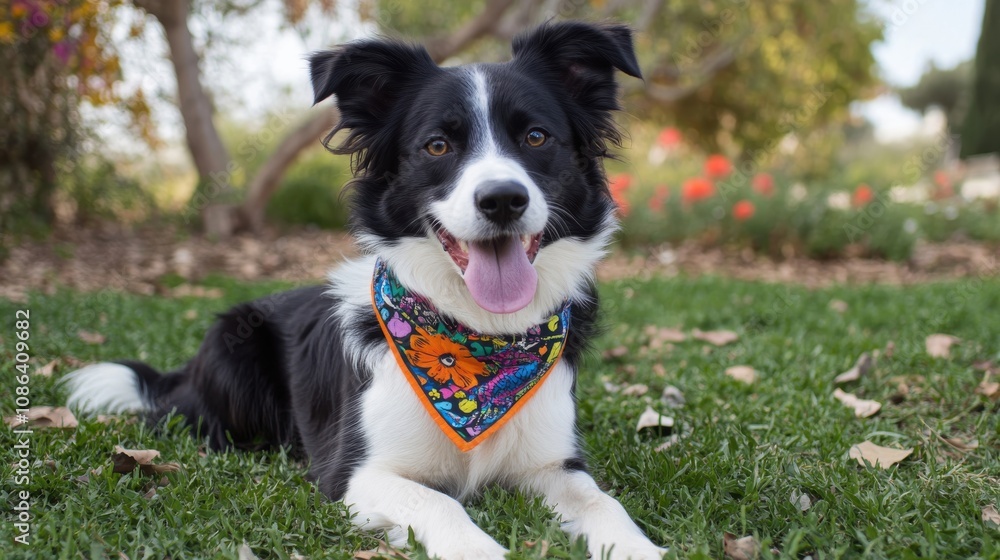 Fototapeta premium Happy Dog in Colorful Bandana on Green Grass