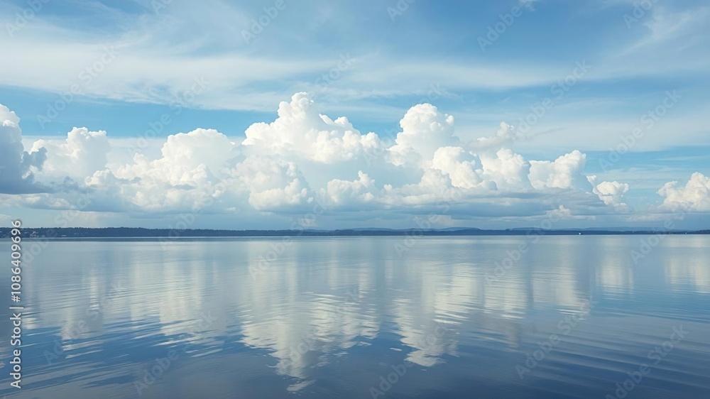 Obraz premium Ethereal clouds drift lazily across a calm lake, reflective water, serene atmosphere