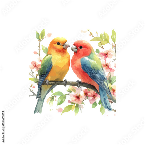 Watercolor lovebirds couple on a branch illustration. love Birds and heart watercolor vector.
