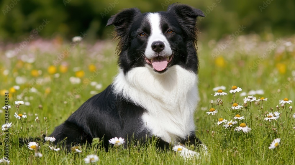 Happy Dog Sitting in Flower-Filled Meadow Happy Dog Sitting in Flower-Filled Meadow