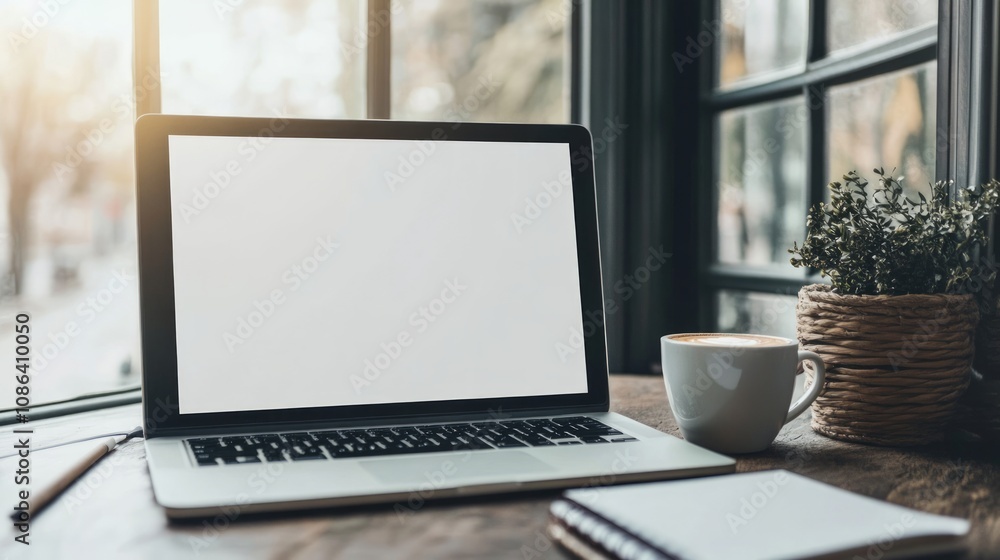 Fototapeta premium Laptop and Coffee at a Cozy Cafe Workspace