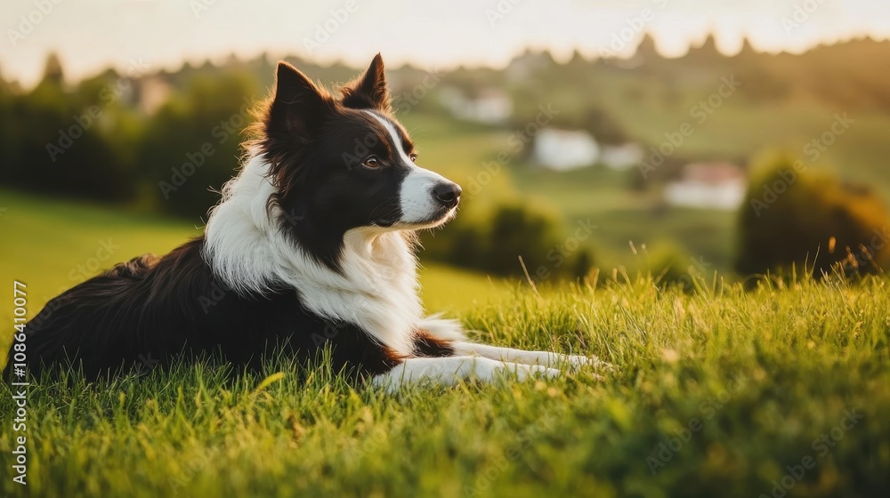 Relaxing Border Collie in a Serene Landscape Relaxing Border Collie in a Serene Landscape