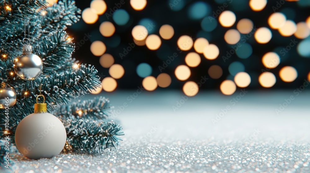 Obraz premium Festive Christmas Tree Branch with Ornaments Glittery Background Holiday Decor