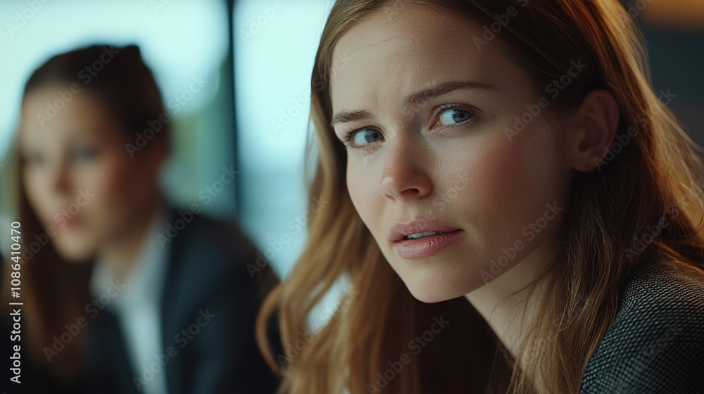 Young Businesswoman Engaged in Strategic Discussion with Colleague in Modern Office Setting, Focused and Thoughtful Expression Captured in Detail Young Businesswoman Engaged in Strategic Discussion with Colleague in Modern Office Setting, Focused and Thoughtful Expression Captured in Detail