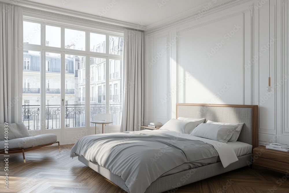 A modern bedroom with a large window overlooking the city. The room is decorated in a minimalist style with white walls and grey bedding. The wooden floor adds warmth to the space. A modern bedroom with a large window overlooking the city. The room is decorated in a minimalist style with white walls and grey bedding. The wooden floor adds warmth to the space.