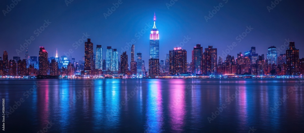 A vibrant cityscape with skyscrapers illuminated against a dark blue sky reflected in the still waters. A vibrant cityscape with skyscrapers illuminated against a dark blue sky reflected in the still waters.