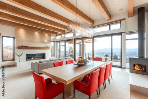 A modern dining room with a large table, red chairs, and a fireplace. The room has a large window with a view of the city.