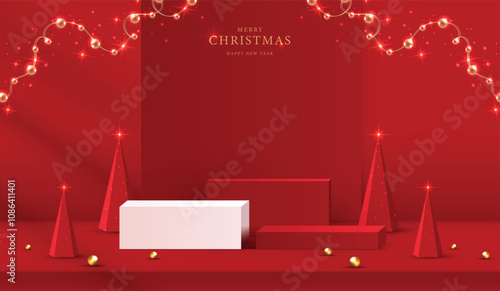 Podium shape for show cosmetic product display for christmas day or new years. Stand product showcase on red background with lighting christmas. vector design.