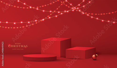 Podium shape for show cosmetic product display for christmas day or new years. Stand product showcase on red background with lighting christmas. vector design.