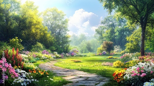 A serene garden path surrounded by vibrant flowers and lush greenery under a bright sky.