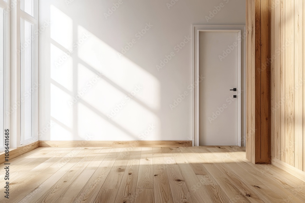 Minimalist empty room with white walls, a wooden door, and large windows with sunlight streaming in. Minimalist empty room with white walls, a wooden door, and large windows with sunlight streaming in.