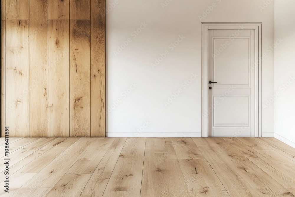 Empty room with white wall, wooden floor, and door. Empty room with white wall, wooden floor, and door.