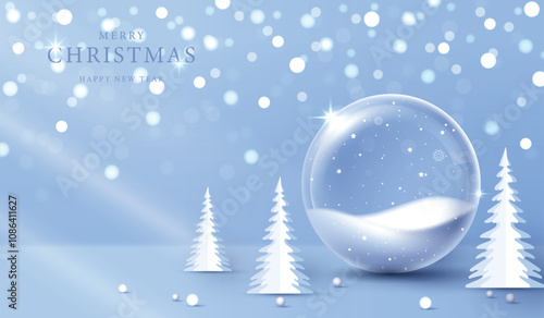 Christmas glass ball in snow with tree. glass globe for Christmas and New Year winter holiday, crystal baubles decoration with snowflakes on sparkling In shiny background. vector design.