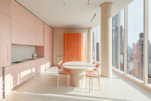 Minimalist kitchen with a round dining table and chairs overlooking a cityscape.