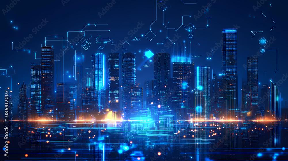 Fototapeta premium Vibrant futuristic cityscape with glowing lights and neon blue background, a vision of urban future. Futuristic Cityscape Vision. Illustration