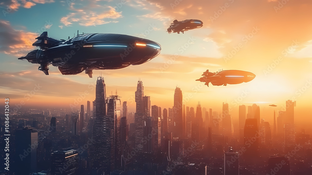 Spaceships flying over futuristic cyberpunk cityscape at sunset. Futuristic Cityscape Vision. Illustration Spaceships flying over futuristic cyberpunk cityscape at sunset. Futuristic Cityscape Vision. Illustration