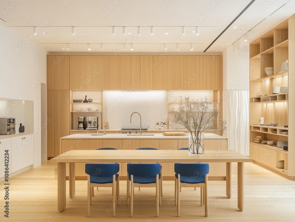 Fototapeta premium Modern kitchen with wood cabinets, a large island, and a dining table with blue chairs.