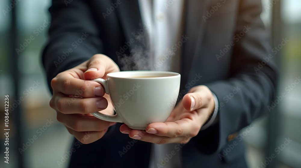 Business hand holding a steaming cup of coffee Business hand holding a steaming cup of coffee