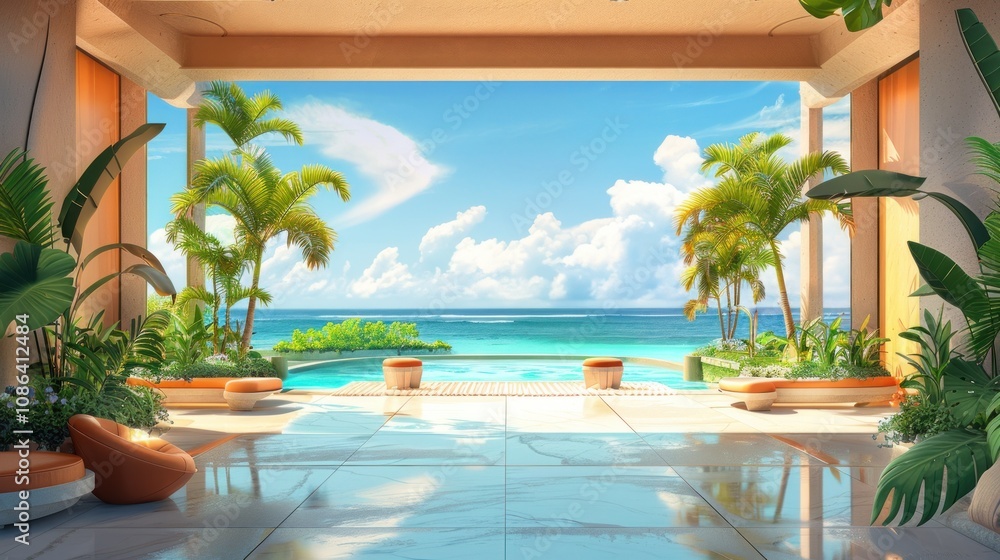 Fototapeta premium Modern luxury villa with an infinity pool overlooking a tropical ocean with a clear blue sky and white clouds.