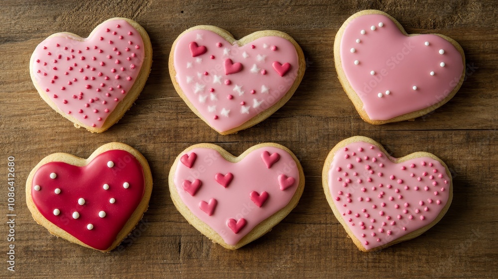 A selection of heart-shaped decorated cookies in various pink hues and designs on a wooden surface. A selection of heart-shaped decorated cookies in various pink hues and designs on a wooden surface.