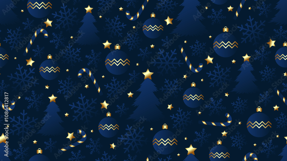 Navy seamless pattern with candy cane, ball, snowflake and christmas tree decorated gold stars Navy seamless pattern with candy cane, ball, snowflake and christmas tree decorated gold stars