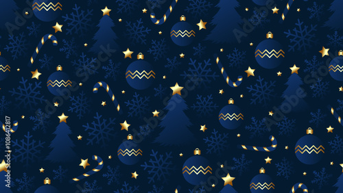 Navy seamless pattern with candy cane, ball, snowflake and christmas tree decorated gold stars