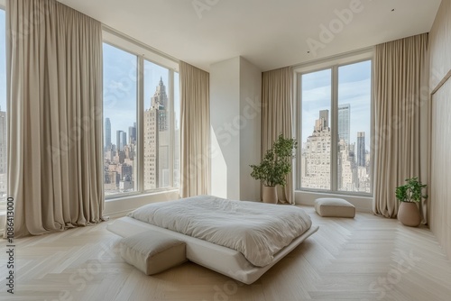 A modern bedroom with large windows and a view of the city skyline. The room is decorated in a minimalist style with a white bed, beige curtains, and wooden floors.