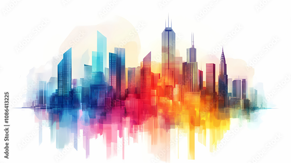 Obraz premium Abstract colorful city skyline with vibrant gradient bars and geometric shapes, creating a modern, futuristic urban landscape on white background. Futuristic Cityscape Vision. Illustration