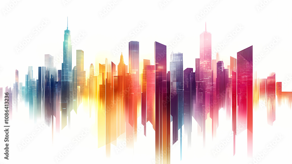 Abstract colorful city skyline with vibrant gradient bars and geometric shapes, creating a modern, futuristic urban landscape on white background. Futuristic Cityscape Vision. Illustration Abstract colorful city skyline with vibrant gradient bars and geometric shapes, creating a modern, futuristic urban landscape on white background. Futuristic Cityscape Vision. Illustration