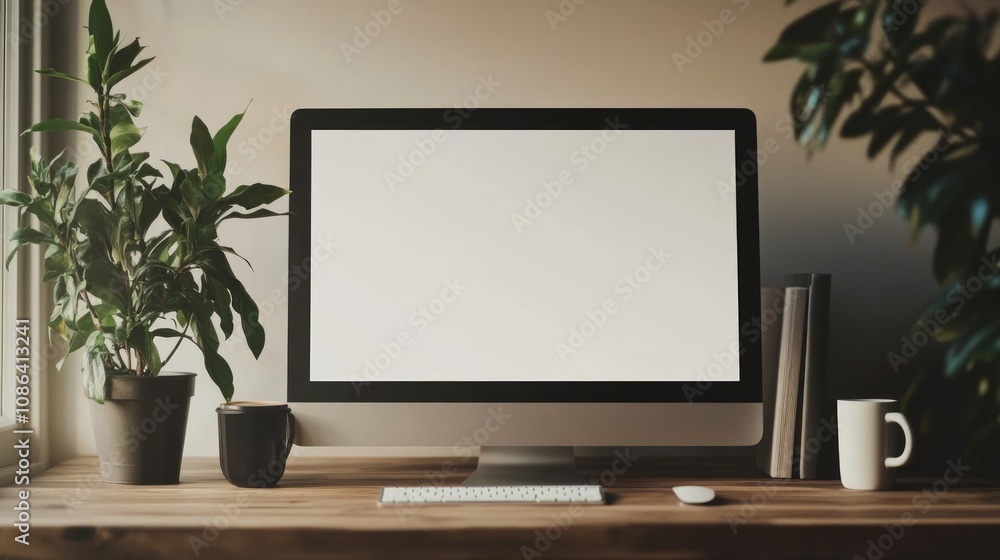 Modern Workspace with Computer, Plants, and Coffee Modern Workspace with Computer, Plants, and Coffee